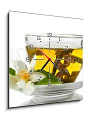 Obraz s hodinami 1D - 50 x 50 cm F_F42891884 - cup of green tea with jasmine flowers isolated on white