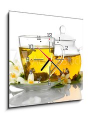Obraz s hodinami 1D - 50 x 50 cm F_F42891887 - green tea with jasmine in cup and teapot isolated on white