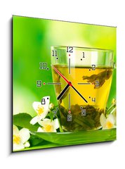 Obraz s hodinami   cup of green tea with jasmine flowers, 50 x 50 cm