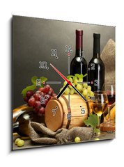 Obraz s hodinami 1D - 50 x 50 cm F_F42933709 - barrel, bottles and glasses of wine, cheese and ripe grapes - barel, lahve a sklenice vna, sr a zralch hrozn