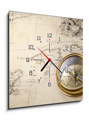 Obraz s hodinami   old compass and rope on vintage map 1732, 50 x 50 cm