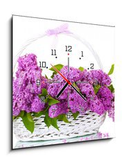 Obraz s hodinami   beautiful lilac flowers in basket isolated on white, 50 x 50 cm