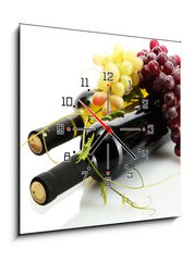 Obraz s hodinami 1D - 50 x 50 cm F_F44046093 - bottles of wine and ripe grapes isolated on white - láhve vína a zralé hrozny izolovaných na bílém