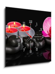 Obraz s hodinami 1D - 50 x 50 cm F_F44325294 - Spa stones with orchid flower and candles isolated on black