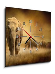 Obraz s hodinami   Elephants at sunset, 50 x 50 cm