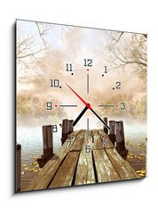 Obraz s hodinami 1D - 50 x 50 cm F_F44518393 - Jesienna sceneria z drewnianym molo na jeziorze