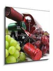 Obraz s hodinami 1D - 50 x 50 cm F_F4460273 - bottles of wine with grapes - láhve vína s hrozny