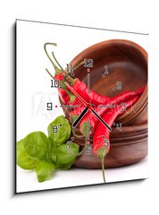 Obraz s hodinami 1D - 50 x 50 cm F_F44639142 - Hot red chili or chilli pepper in wooden bowls stack - Hork erven chilli nebo papriku papriky v devn msy zsobnku