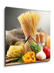 Obraz s hodinami 1D - 50 x 50 cm F_F44669251 - Pasta spaghetti, vegetables and spices, - Těstoviny špagety, zelenina a koření,