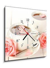 Obraz s hodinami 1D - 50 x 50 cm F_F45200948 - cups of tea with roses on white wooden table