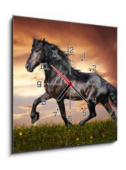 Obraz s hodinami 1D - 50 x 50 cm F_F45203916 - Black Friesian horse trot