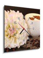 Obraz s hodinami 1D - 50 x 50 cm F_F45499614 - Latte on wooden table on brown background - Latte na dřevěném stole na hnědém pozadí
