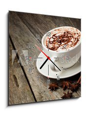 Obraz s hodinami 1D - 50 x 50 cm F_F46093962 - coffee cup and beans, cinnamon sticks, nuts and chocolate on woo
