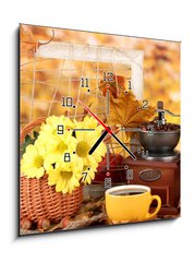 Obraz s hodinami 1D - 50 x 50 cm F_F46892212 - autumnal composition:coffee grinder, flowers  and leaves