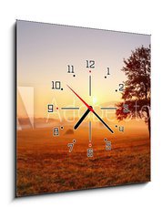 Obraz s hodinami   Alone tree on meadow at sunset with sun and mist  panorama, 50 x 50 cm