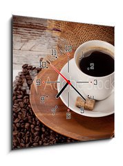 Obraz s hodinami   cup of coofe on wooden tray, 50 x 50 cm