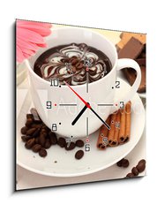 Obraz s hodinami 1D - 50 x 50 cm F_F47131548 - cup of coffee and gerbera, beans, cinnamon sticks