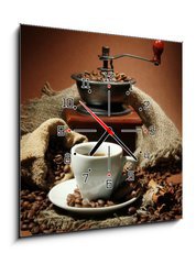 Obraz s hodinami 1D - 50 x 50 cm F_F47552401 - cup of coffee, grinder, turk and coffee beans - šálek kávy, mlýnky, tuk a kávová zrna