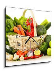 Obraz s hodinami 1D - 50 x 50 cm F_F49405968 - raw vegetables in wicker basket isolated on white - surová zelenina v proutěném koši izolovaných na bílém