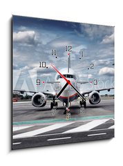 Obraz s hodinami 1D - 50 x 50 cm F_F51423285 - Total View Airplane on Airfield with dramatic Sky