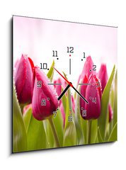 Obraz s hodinami 1D - 50 x 50 cm F_F51930622 - Fresh Tulips with Dew Drops - Čerstvé tulipány s kapkami rosy