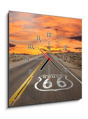 Obraz s hodinami 1D - 50 x 50 cm F_F53081233 - Route 66 Pavement Sign Sunrise Mojave Desert - Route 66 Dlažební značka Sunrise Mojave Desert
