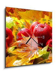 Obraz s hodinami   Harvest. Autumn still life with red apples and leaves, 50 x 50 cm