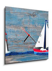 Obraz s hodinami   Sommerlicher Hintergrund aus Holz in Blau mit Segelboot, 50 x 50 cm