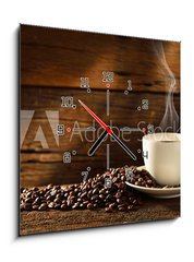 Obraz s hodinami 1D - 50 x 50 cm F_F54604060 - Coffee cup and coffee beans on old wooden background