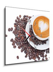 Obraz s hodinami 1D - 50 x 50 cm F_F54856879 - A cup of cafe latte and coffee beans on white