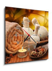 Obraz s hodinami   Massage background with rolled towel, spa balls and candlelight, 50 x 50 cm