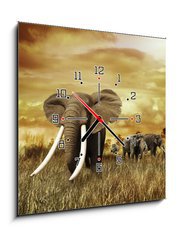 Obraz s hodinami   Elephants At Sunset, 50 x 50 cm