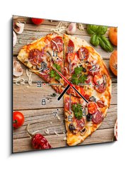 Obraz s hodinami   Sausage pizza, 50 x 50 cm