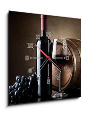 Obraz s hodinami 1D - 50 x 50 cm F_F58889785 - Red wine and wooden barrel - Červené víno a dřevěné barel