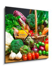 Obraz s hodinami 1D - 50 x 50 cm F_F61518085 - Raw vegetables in wicker basket on wooden table