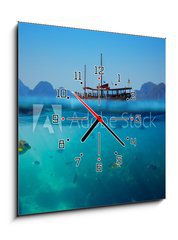 Obraz s hodinami 1D - 50 x 50 cm F_F61530443 - Tropical underwater shot splitted with ship and sky - Tropick podvodn vstel rozdlen lod a oblohou