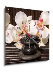 Obraz s hodinami   Massage stones and orchid flowers on bamboo, 50 x 50 cm