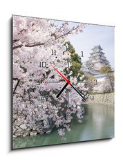 Obraz s hodinami 1D - 50 x 50 cm F_F62623940 - Japanese cherry blossoms and castle in spring