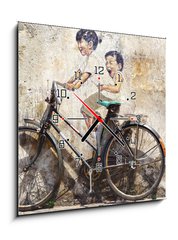 Obraz s hodinami 1D - 50 x 50 cm F_F62780970 - Little Children on a Bicycle Mural.
