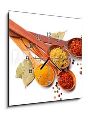 Obraz s hodinami 1D - 50 x 50 cm F_F62864850 - Spices and herbs. Curry, saffron, turmeric, cinnamon over white