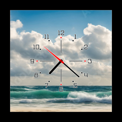 Obraz s hodinami 1D - 50 x 50 cm F_F629716136 - Ocean coast panorama in calm weather with small waves, blue sky, white clouds and bright sun. Seascape illustration. Generative AI
