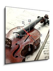 Obraz s hodinami 1D - 50 x 50 cm F_F63221798 - Old scratched violin with sheet music. Vintage style. - Staré poškrábané housle s notami. Prastarý styl.