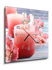Obraz s hodinami 1D - 50 x 50 cm F_F63874367 - Beautiful candles with flowers on wooden background - Krsn svky s kvtinami na devn pozad