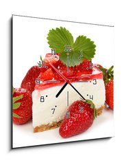 Obraz s hodinami 1D - 50 x 50 cm F_F64315866 - strawberry cheesecake - jahodový tvarohový koláč