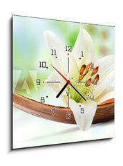 Obraz s hodinami 1D - 50 x 50 cm F_F64734050 - Beautiful white lily flower on a coco palm leaf