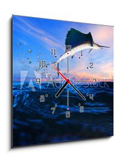 Obraz s hodinami 1D - 50 x 50 cm F_F65260791 - sailfish flying over blue sea ocean - plachetnice ltn pes modr mosk ocen