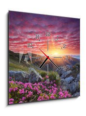 Obraz s hodinami 1D - 50 x 50 cm F_F66580383 - Dawn with flowers in the mountains - svit s kvtinami v horch