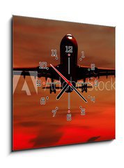 Obraz s hodinami   Air travel  Silhouett of plane and sunset, 50 x 50 cm