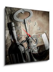 Obraz s hodinami 1D - 50 x 50 cm F_F67787115 - wine glass bottle and barrel - vno a sklenice na vno
