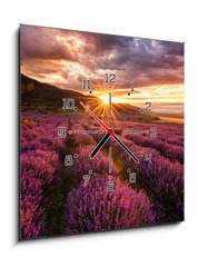 Obraz s hodinami 1D - 50 x 50 cm F_F68209726 - Stunning landscape with lavender field at sunrise - Ohromující krajina s levandulem pole při východu slunce
